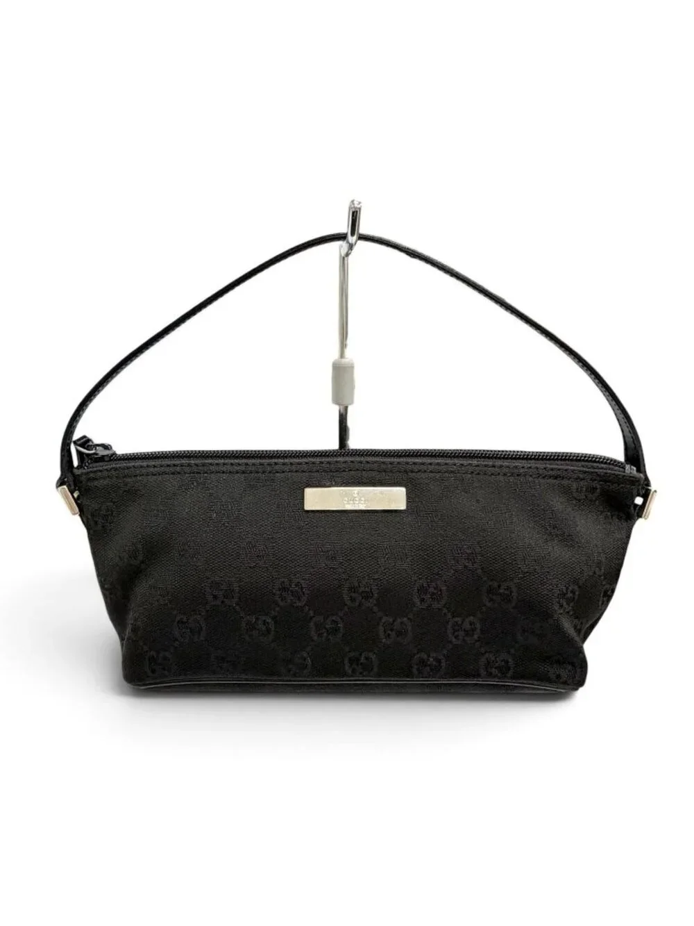 Gucci Vintage GG Canvas Leather Logo Plate Pouch Handbag Black